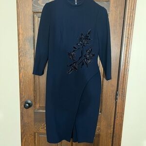 Teri Jon Blue Sheath Midi Dress with Mandarin Collar